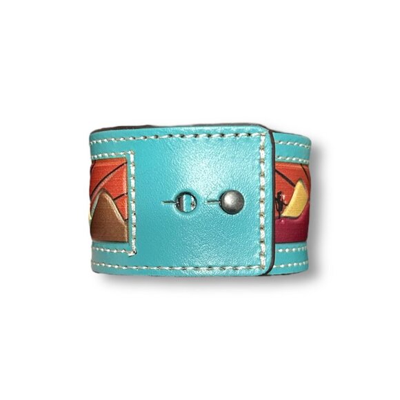 Justin Leather Cuff Bracelet Turquoise Multicolor Tooled Western Sunset Cactus - Picture 3 of 5